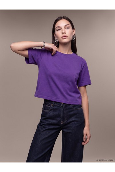 LC Waikiki Nevavm Farkıyla Soulife Purple Plain Loose & Baggy Short Sleeve Wo...