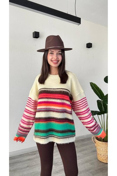 modadagiyim Pulover tricotat multicolor, cu dungi roz, foarte elegant, pentru...