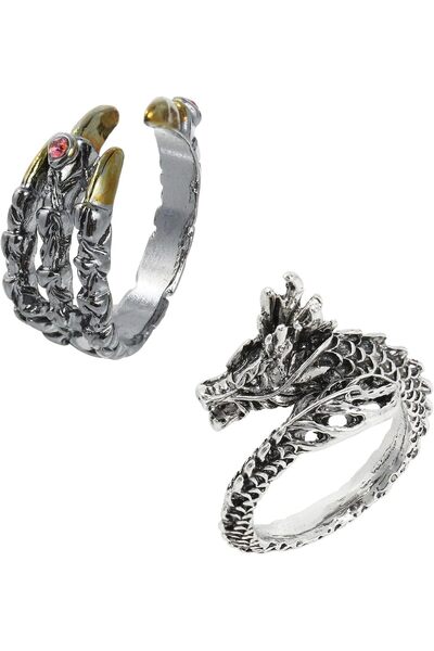 KASTWAVE Dragon Knuckle Ring Set, 2-Piece Adjustable Gothic Punk Rings with C...