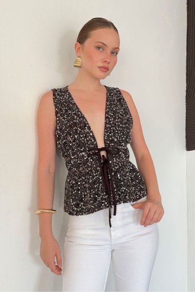 casa di sole Sequined blouse with string ties
