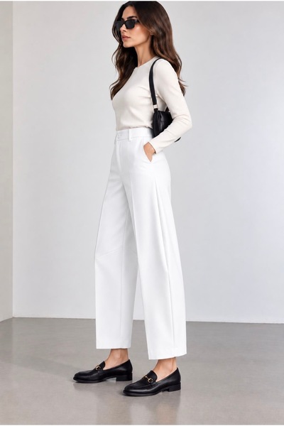Heyya Women's Pants Barrel Pants Cloutte Pants High Stylish Boyfriend Wide Leg White Fabric Pants