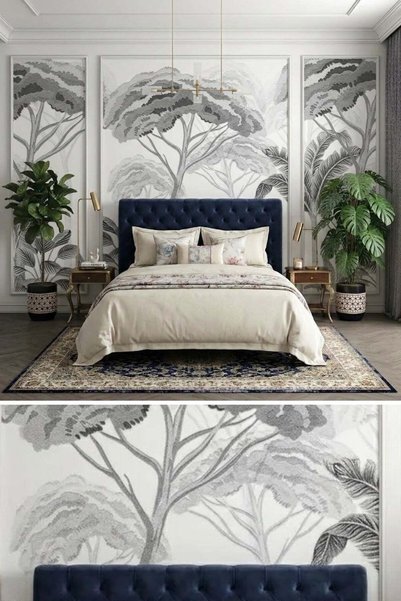 DecorDrive Siyah Beyaz Tropikal Ağaçlar ve Bitkiler Çıtalı Duvar Kağıdı Seti ...