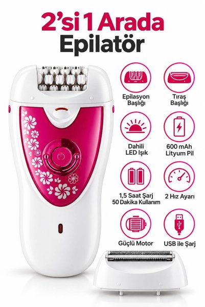 ATLT ATLANTİS 2 Sİ'1 ARADA EPİLATÖR EPİLASYON VE TIRAŞ BAŞLIĞI DAHİLİ LED IŞIK 2 KADEMELİ HIZ AYARI ŞARJLI 600mAH LİTYUM PİL TÜM VÜCUT KULLANMA TÜY ALMA