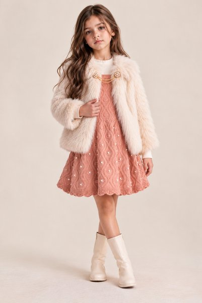 NOTA KİDS Girls' 3-Piece Knit Dress, Fur Jacket, and Blouse Winter Set for We...
