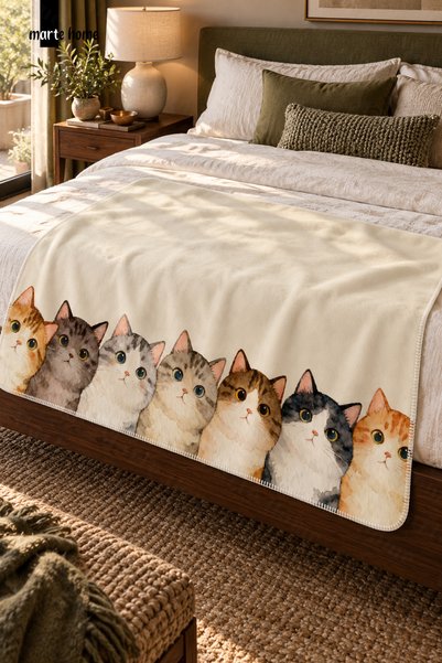 Marte Home CAT - 100x170 CM RENKLİ KEDİ DESENLİ TEK TARAF DİJİTAL BASKILI POL...