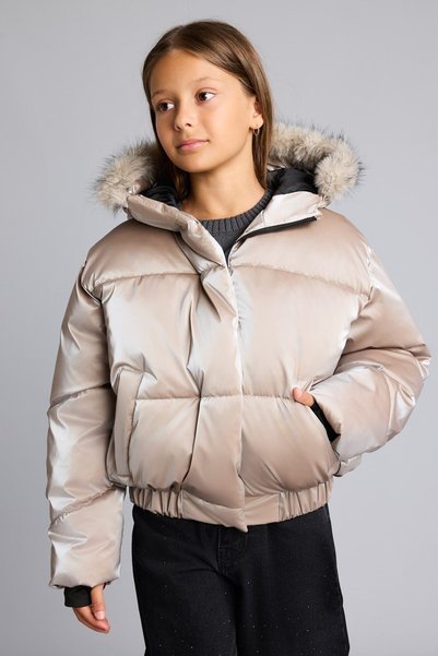 DeFacto Furry Hooded Shiny Puffer Coat for Girls H2934A826Au