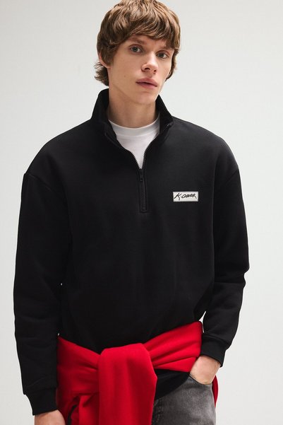 DeFacto Boxy Fit Half-Zip Stand Collar Sweatshirt with Atatürk Signature Labe...