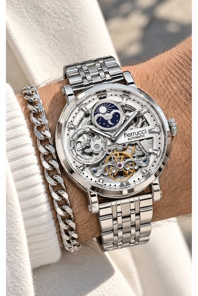 Ferrucci Automatic (Battery-Free), Silver Steel Strap, White Dial, Men's Wris...