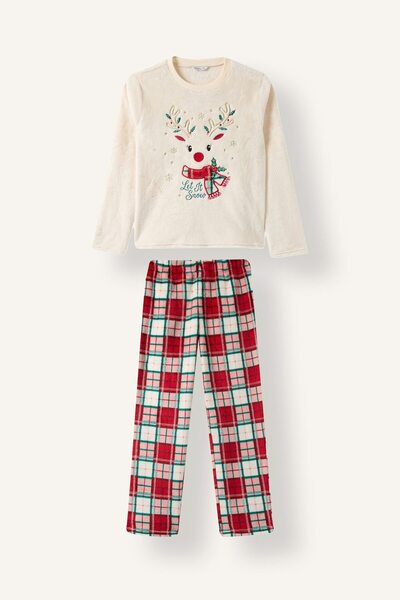 DeFacto Deer-Printed Plaid Welsoft Plush 2-Piece Pajama Set for Girls I0100A8...