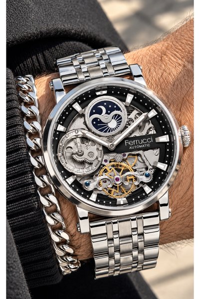 Ferrucci Automatic (Battery-Free), Silver Steel Strap, Black Dial, Men's Wris...
