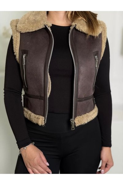 Generic Brand Vestă îmblănită tip cojoc cu fermoar și buzunare