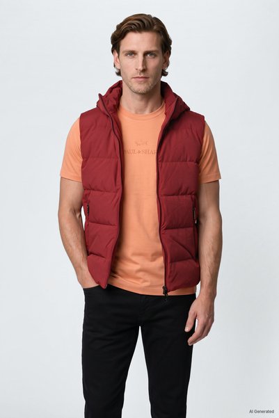 PAUL&SHARK Men's Quilted Patterned Down-Filled Hooded Zippered Red Vest.