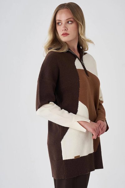 KYR Tunică din tricot color block, maro