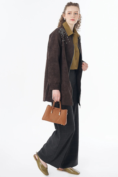 Kayra Stone Embellished Suede Jacket, Coffee Color.