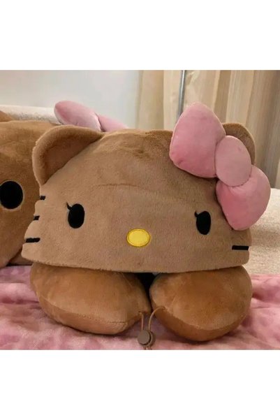 Miniso وسادة رقبة بغطاء رأس على شكل قطة باللون الوردي، وسادة سفر للطائرة والق...