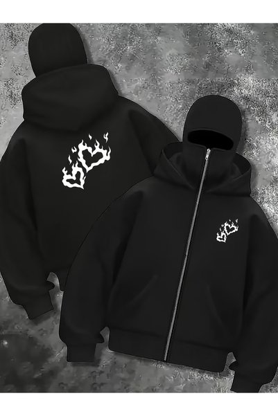 Kadın Alevli Ön ve Arka Baskılı Siyah Oversize Kapüşonlu Sweatshirt Hoodie Pamuklu