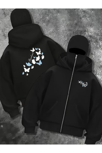 Kadın Bookworm Kelebek Ön ve Arka Baskılı Siyah Oversize Kapüşonlu Sweatshirt Hoodie Pamuklu