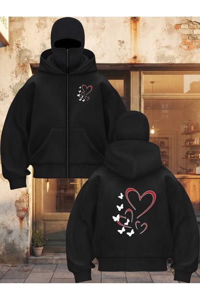 Kadın Kelebek Ön ve Arka Baskılı Siyah Oversize Kapüşonlu Sweatshirt Hoodie Şardonlu