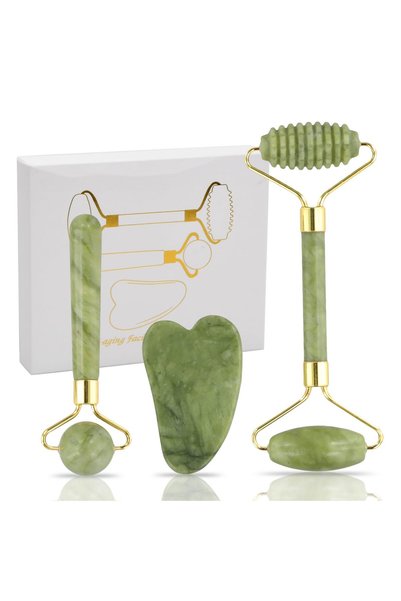 YILANJIN Jade Roller and Gua Sha Set, Natural Jade Face and Eye Massager Tool...