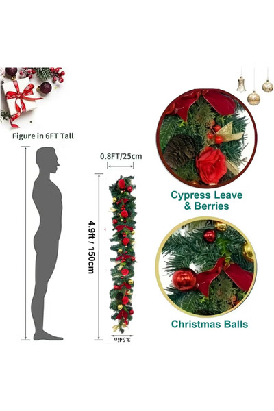 TAPIT 150cm Classic Red Gold Christmas Garland Red Roses Baubles Bows Berries...