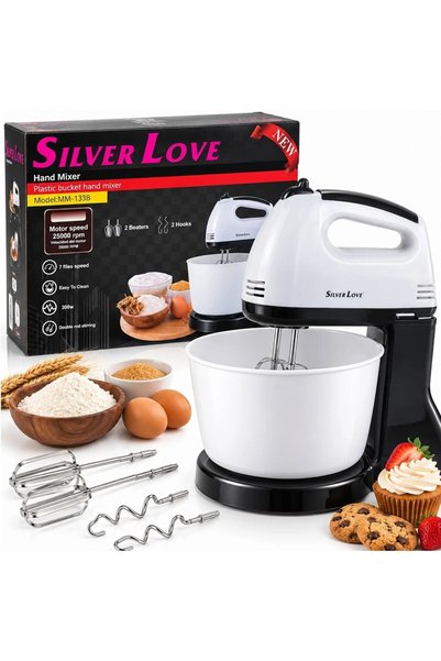 Silver Mixer Electric cu Bol din Plastic 2L Love MM-133B, 300W, 7 Viteze, 2 T...