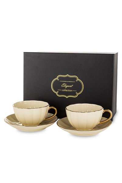 DecoDepot Set de 2 cești + farfurioare pentru cafea, porțelan, crem