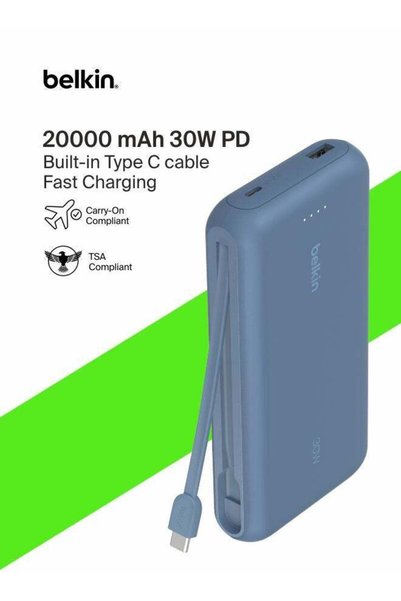 Belkin 20000 mAh 20,000 mAh Portable Charger with Integrated Cable – 30 W PD ...