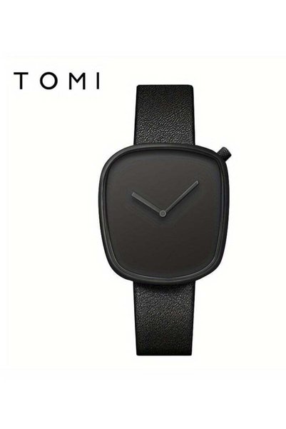 Tomi ساعة مربعة بتصميم بسيط، بوجه لا يحتوي على مقياس، وحزام من جلد البولي يور...