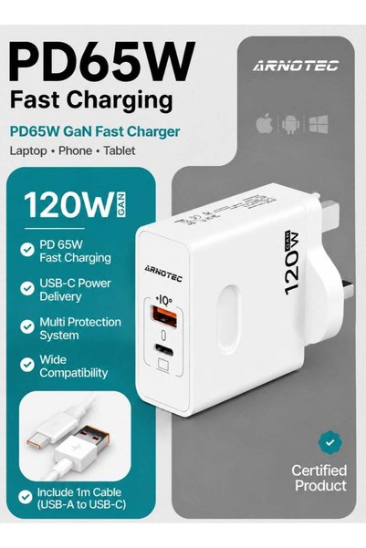 ARNOTEC 120W(Max) GaN Fast Charger, Dual-Port USB-C + USB-A Adapter, PD65W Si...
