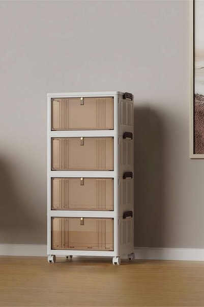 Concept Home صندوق تخزين بلاستيكي قابل للطي، بأربعة طبقات، مزود بعجلات وأبواب...