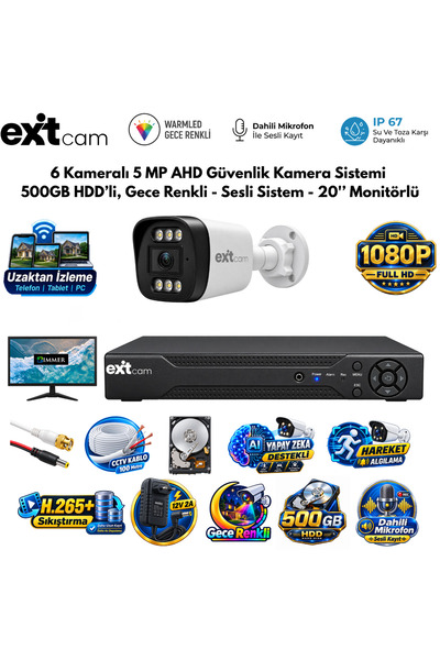 EXİTCAM 6 Kameralı 5 MP AHD Güvenlik Kamera Sistemi 500GB HDD'li, Gece Renkli...