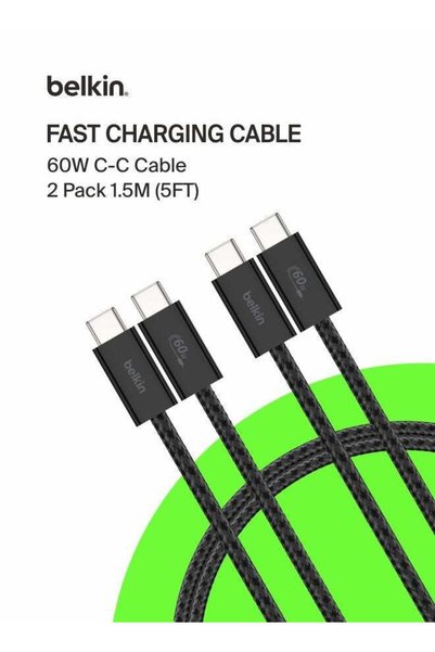 Belkin كابل USB-C إلى USB-C مجدول (عبوة من قطعتين) بطول 5 أقدام، 60 واط - كاب...