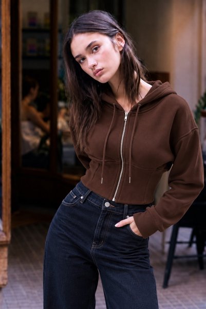 DAMGA JEANS Hanorac crop maro cu glugă, detalii cu fermoar