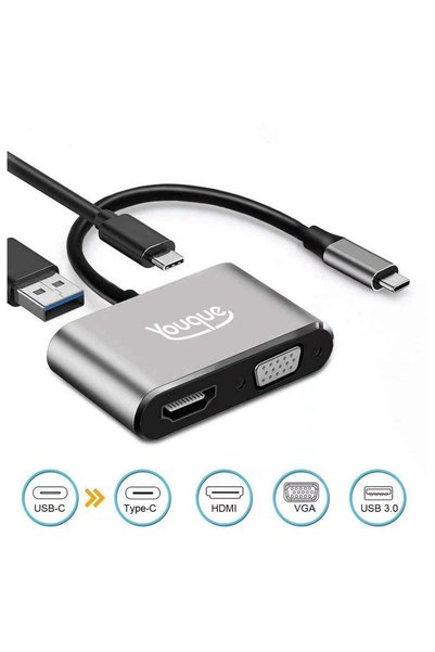 Youque محول 4 في 1 من USB-C إلى VGA وHDMI وUSB 3.0 وType-C، باللون الرمادي.