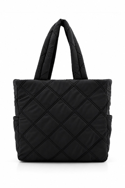 woys Black Embossed Quilted Fabric Shopper Bag - School Shoulder Bag