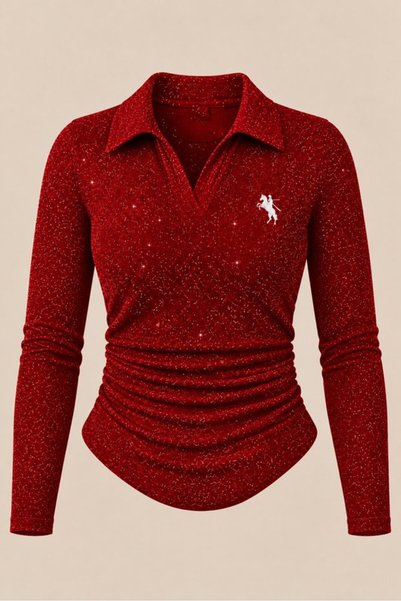Gofeel Polo Collar Blouse with Silver Embroidery and Ruffled Details
