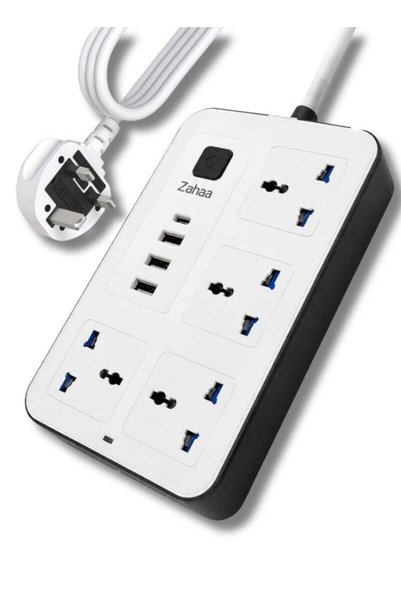 Zahaa سلك تمديد كهربائي متعدد الاستخدامات مزود بـ 4 مقابس طاقة و3 منافذ USB، ...
