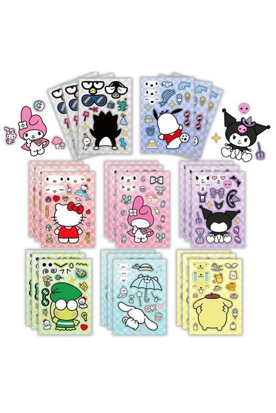 SANRIO 8 أوراق/مجموعة ملصقات هالو كيتي وسينامورول، ملصقات ألغاز صنع الوجوه، م...