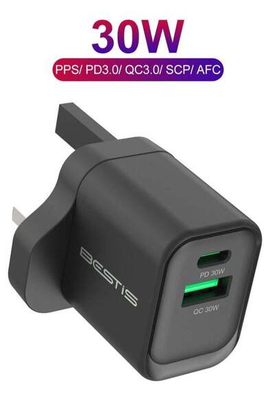 BESTIS 30W GaN Fast Charger, USB-C PD 3.0 QC 4.0 Wall Charger, Dual Port USB-...