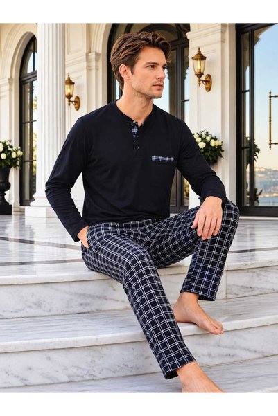 Pijamoni Men's Long-Sleeved 100% Cotton Plaid Soft Pajama Set.