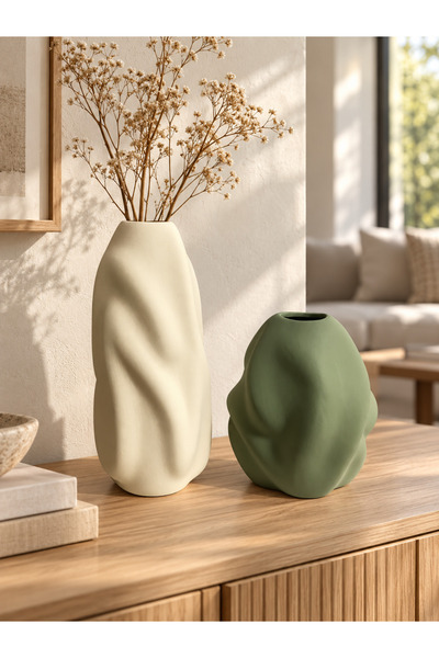 ŞURA MUTFAK Set de 2 vaze din ceramică cu model de valuri Set de 2 vaze din c...
