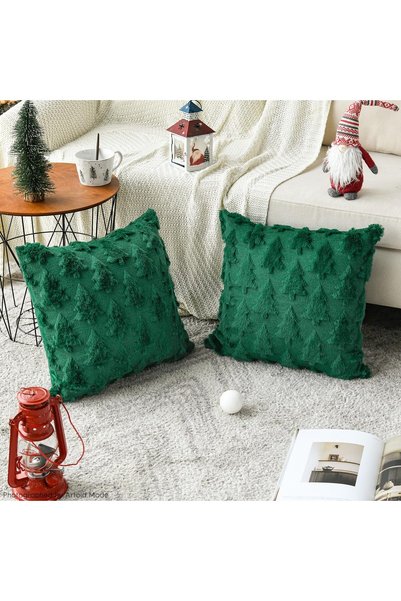 Generic Brand Huse de pernă de Crăciun cu brad din blană artificială verde, s...