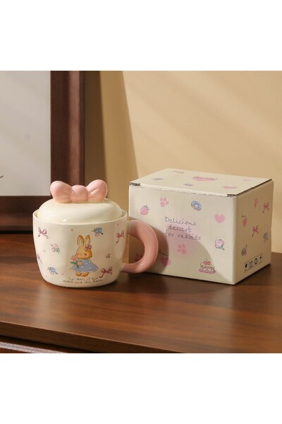 Generic Brand كوب قهوة سيراميك لطيف على شكل أرنب مع غطاء، هدية مثالية للبنات ...