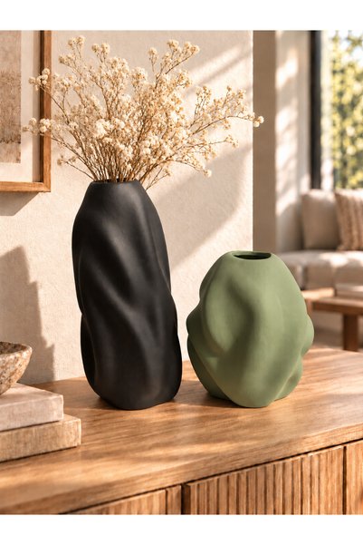 ŞURA MUTFAK Set de 2 vaze din ceramică cu model de valuri Set de 2 vaze din c...