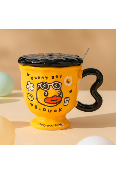 Generic Brand كوب قهوة سيراميك على شكل بطة مع غطاء وملعقة، هدية عيد ميلاد مثا...