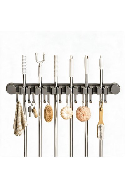 Generic Broom Mop Holder Wall Mount Stainless Stee 5 Slots 6 Hooks Suction Cu...