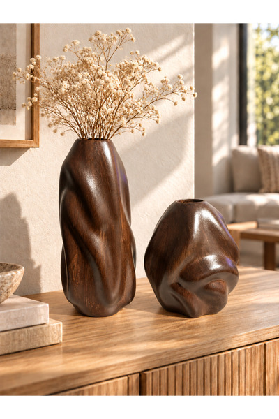 ŞURA MUTFAK Set de 2 vaze din ceramică cu model de valuri Set de 2 vaze din c...