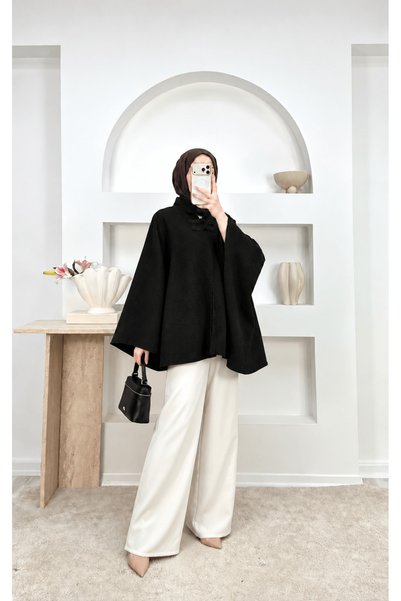 Hepsi Moda High-Neck Poncho with Chinese Button Detail - 6199 - Black (Ös)