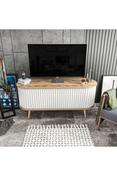 OEM Comodă TV mare 180x43x60 cm, PAL, 2 uși, picioare din plastic, stejar și alb