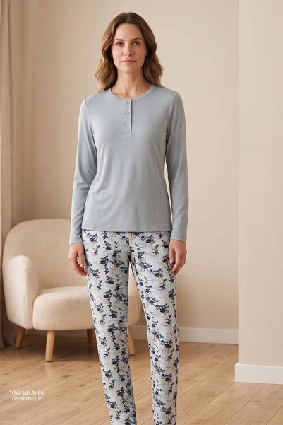 Jiber Set de pijamale cu mâneci lungi pentru femei, de culoare verde mentă